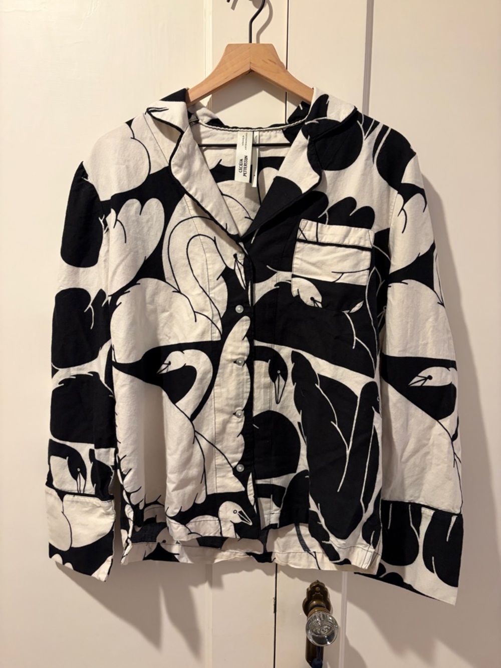 Anthropologie Black and White Swan-Print Pajama Top